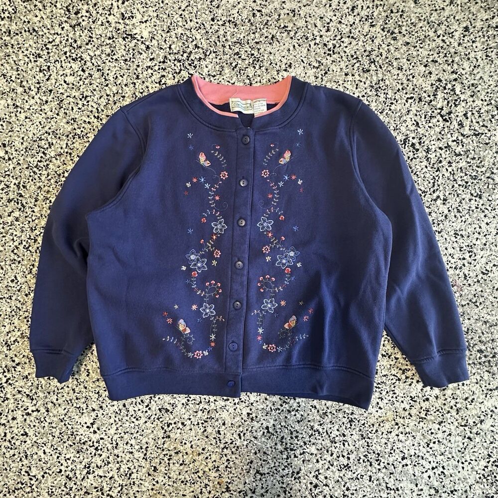 Vintage Shenanigans Sweater Womens Large Button Embroidery 90s Grandma Navy Blue